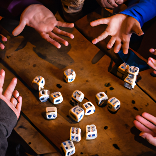 An image showcasing a group of people huddled around a wooden table, eagerly tossing dice onto a worn-out leather surface