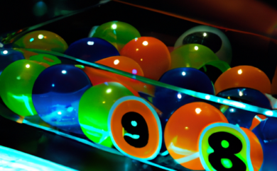 An image depicting a vibrant Keno game with numbered balls being drawn from a glass container, players marking their selected numbers on colorful cards, and an electric atmosphere filled with anticipation and excitement