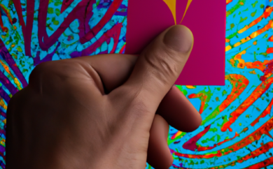 An image showcasing a close-up view of a hand holding a colorful scratch card, with vibrant hues and intricate patterns forming a mesmerizing design
