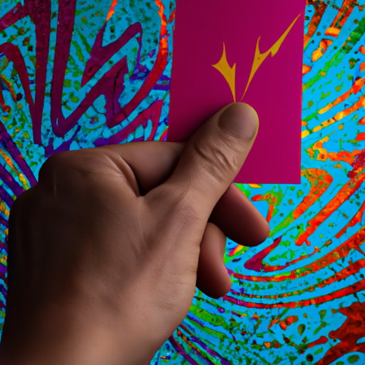 An image showcasing a close-up view of a hand holding a colorful scratch card, with vibrant hues and intricate patterns forming a mesmerizing design