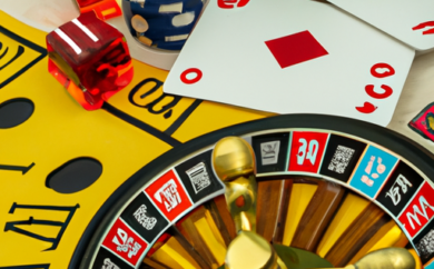 An image showcasing a diverse collection of gambling artifacts, such as playing cards, dice, roulette wheels, and poker chips, symbolizing the comprehensive terminology dictionary for gambling terms