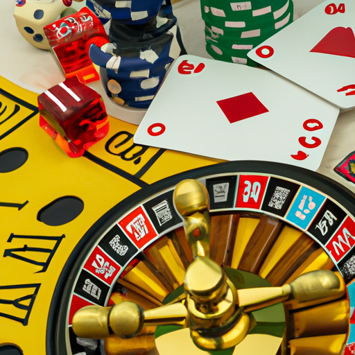An image showcasing a diverse collection of gambling artifacts, such as playing cards, dice, roulette wheels, and poker chips, symbolizing the comprehensive terminology dictionary for gambling terms