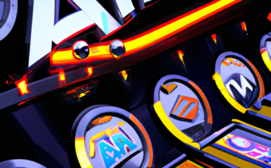 An image showcasing the vibrant world of Amatic Industries slots, with glowing neon lights reflecting off polished surfaces, as captivating symbols spin across the screen, inviting players into an immersive and thrilling gaming experience