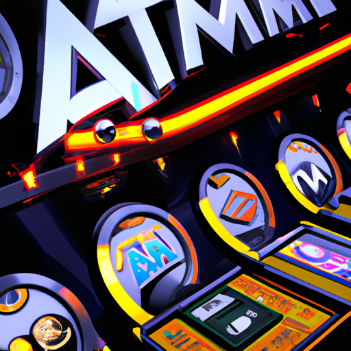 An image showcasing the vibrant world of Amatic Industries slots, with glowing neon lights reflecting off polished surfaces, as captivating symbols spin across the screen, inviting players into an immersive and thrilling gaming experience