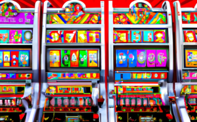 An image showcasing a vibrant casino floor with rows of slot machines from the renowned game provider Blueprint Gaming