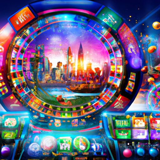An image showcasing the vibrant and immersive world of Booming Games' slots: vibrant reels spin amidst a backdrop of lush landscapes, dazzling cityscapes, and thrilling casino settings, captivating players with their stunning graphics and enticing gameplay