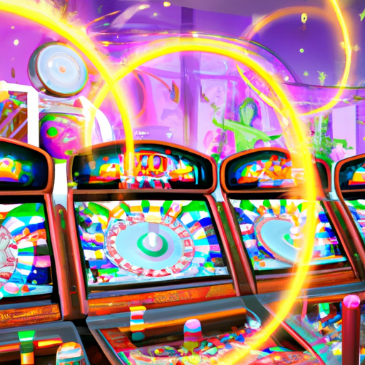 An image showcasing the exhilarating world of Endorphina Slots, with vibrant reels spinning against a backdrop of extravagant casinos, dazzling lights, and lucky players celebrating their wins in a frenzy of joy and excitement