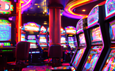 An image showcasing a vibrant and energetic casino environment, with Evolution Gaming's slot machines taking center stage
