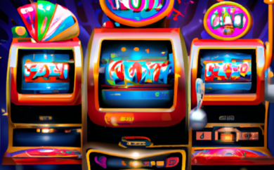 An image showcasing the vibrant world of Novomatic slots, with a backdrop of dazzling lights and a collection of iconic slot machines, each adorned with their unique themes and graphics