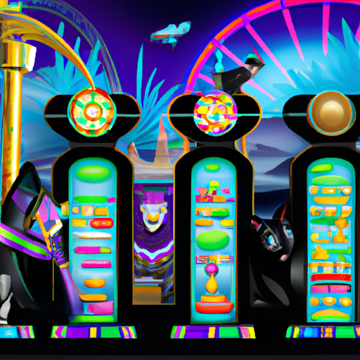 An image showcasing the vibrant world of Play N Go slots, with colourful reels spinning against a backdrop of thrilling themes such as ancient Egypt, mythical creatures, and futuristic cities