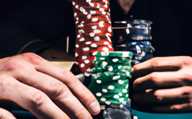 An image capturing the intensity of a poker game, featuring a close-up shot of two players locked in a focused stare, surrounded by a dimly lit room with cards and chips scattered on the table