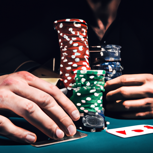 An image capturing the intensity of a poker game, featuring a close-up shot of two players locked in a focused stare, surrounded by a dimly lit room with cards and chips scattered on the table