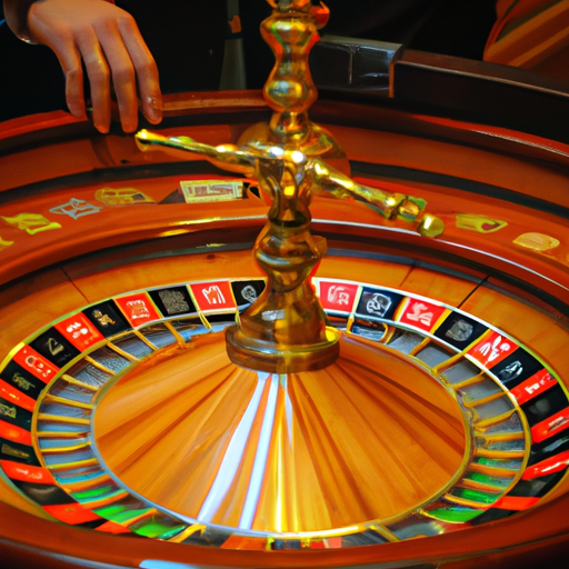 An image capturing the raw intensity of a game of Французская рулетка, showcasing a beautifully crafted wooden roulette wheel, adorned with intricate gold engravings, as players eagerly place their bets around the table