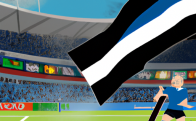 An image showcasing a lively Estonian football match, with a packed stadium filled with passionate fans wearing team colors, waving flags, and cheering enthusiastically, capturing the excitement of football betting in Estonia