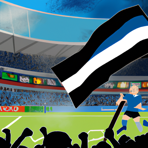 An image showcasing a lively Estonian football match, with a packed stadium filled with passionate fans wearing team colors, waving flags, and cheering enthusiastically, capturing the excitement of football betting in Estonia