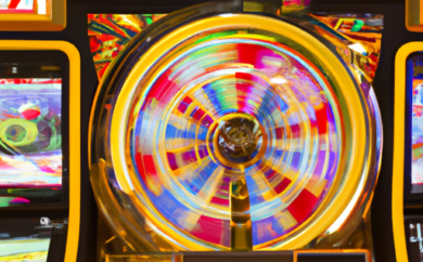 An image showcasing the vibrant world of Igt Слоты with a dazzling display of colorful slot machines, spinning reels, and a thrilled player surrounded by flashing lights and cascading coins