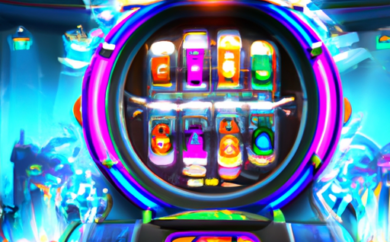 An image showcasing a dynamic online slot game with five spinning reels, adorned with vibrant graphics and symbols