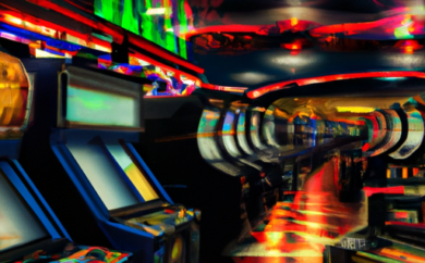 An image capturing the nostalgic charm of old Soviet-era arcade halls, adorned with rows of vintage slot machines, their vibrant lights flickering against the worn-out walls, evoking memories of endless fun and excitement